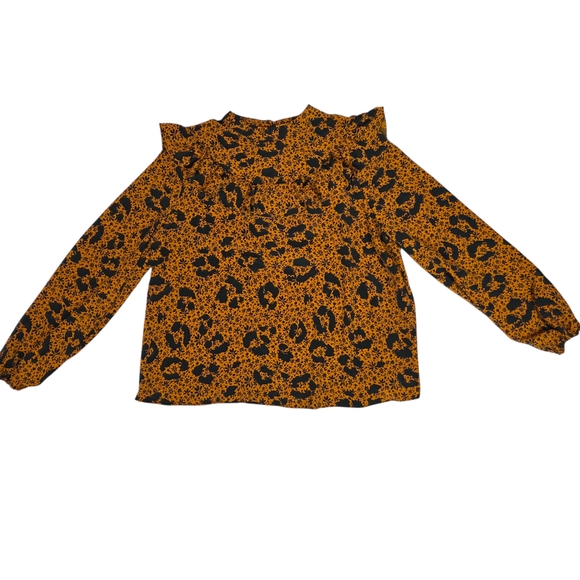 TOPSHOP Ruffle Yoke Blouse | US 12 | Mustard Floral Leopard | Cottagecore Boho - Picture 2 of 16